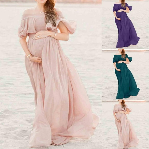 QNANSPI Women's Short Sleeve Maternity Dress,Maternity Dress for Photoshoot,One Shoulder Maternity Dress Short Sleeve Chiffon Material Flowy Maxi Pregnancy Gown