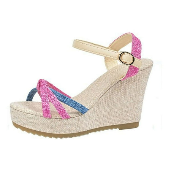 QNANSPI Women's Wedge Heel Shoes, Summer Casual Footwear for Women, Women 2-Tone Open Toe Wedge Heel Footwear With Interlaced Strap And Elevated Sole For Summer Shoes