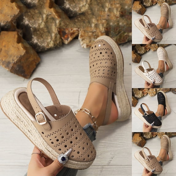 QNANSPI Women's Wedge Heel Shoes, Summer Casual Footwear for Women, Women Solid Color Closed Toe Perforated Fashion Wedge Thick Heel Slide Footwear For Summer Shoes