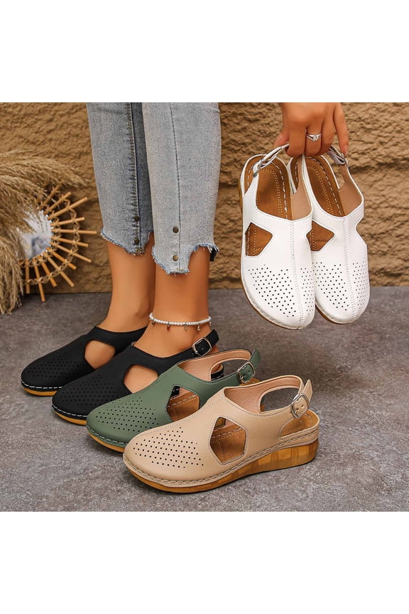 Women's Wedge Heel Shoes, Summer Casual Footwear for Women, Women Solid Color Closed Toe Wide Width Beach Wedge Heel Footwear With Buckle And Thick Sole For Summer Shoes