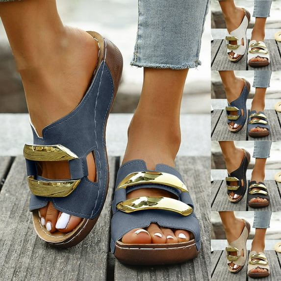 QNANSPI Women's Wedge Heel Shoes, Summer Casual Footwear for Women, Women Solid Color Peep Toe Slide On Wedge Thick Heel Shoes With Perforated And Metal Buckle Summer Footwear
