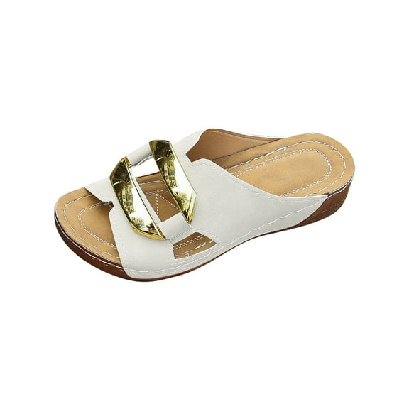 QNANSPI Women's Wedge Heel Shoes, Summer Casual Footwear for Women, Women Solid Color Peep Toe Slide On Wedge Thick Heel Shoes With Perforated And Metal Buckle Summer Footwear
