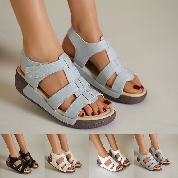 QNANSPI Women's Wedge Heel Shoes, Summer Casual Footwear for Women, Women Solid Color Rounded Toe Open Toe Shoes With Hook And Loop Closure Wedge Thick Heel Breathable Footwear