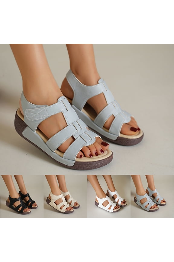 Women's Wedge Heel Shoes, Summer Casual Footwear for Women, Women Solid Color Rounded Toe Open Toe Shoes With Hook And Loop Closure Wedge Thick Heel Breathable Footwear