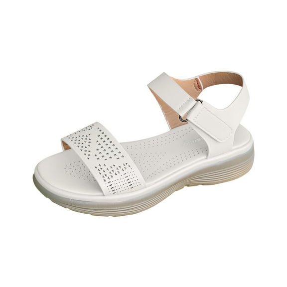 QNANSPI Women's Wedge Heel Shoes, Summer Casual Footwear for Women, Women Solid Color Rounded Toe Open Toe Shoes With Perforated Look And Hook And Loop Thick Heel Footwear