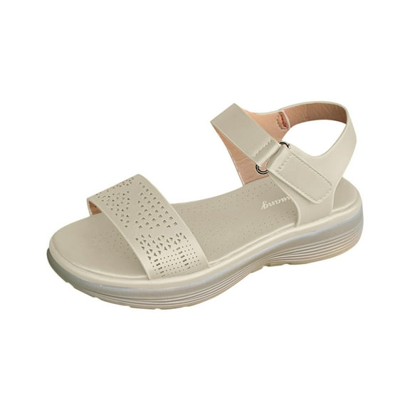 QNANSPI Women's Wedge Heel Shoes, Summer Casual Footwear for Women, Women Solid Color Rounded Toe Open Toe Shoes With Perforated Look And Hook And Loop Thick Heel Footwear