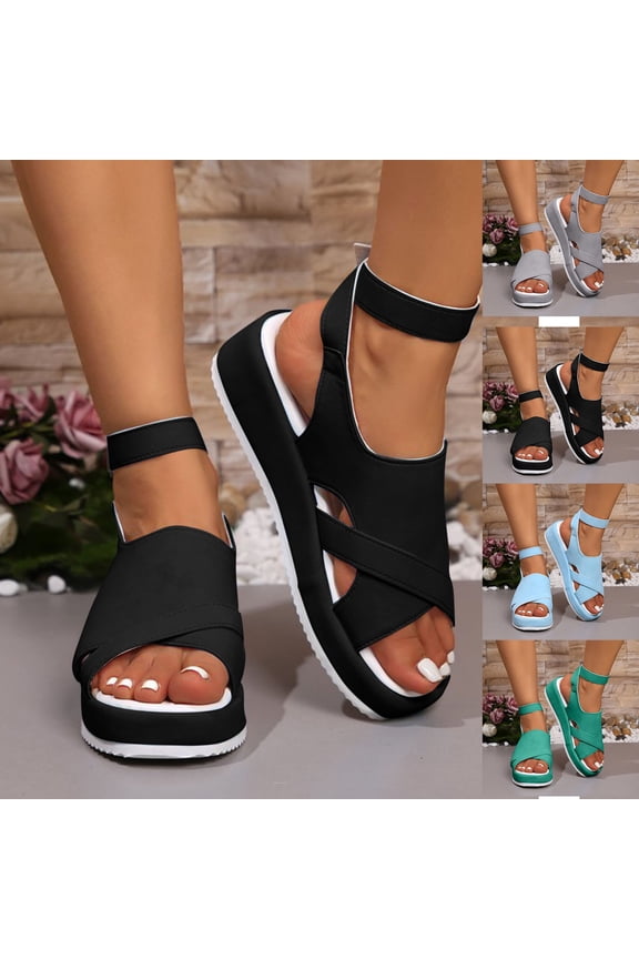 Women's Wedge Heel Shoes, Summer Casual Footwear for Women, Women Wrap Ankle Strap Flat Heel Shoes With One Buckle In Solid Color Roman Style Summer Footwear