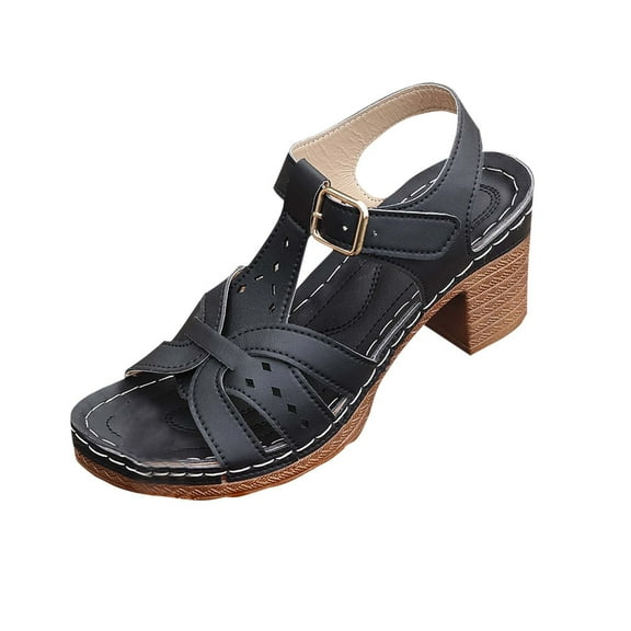 QNANSPI Women's Wedge Heel Shoes, Summer Casual Footwear for Women, Women Peep Toe Broad Heel Footwear With Buckle Strap For Summer Slide Shoes