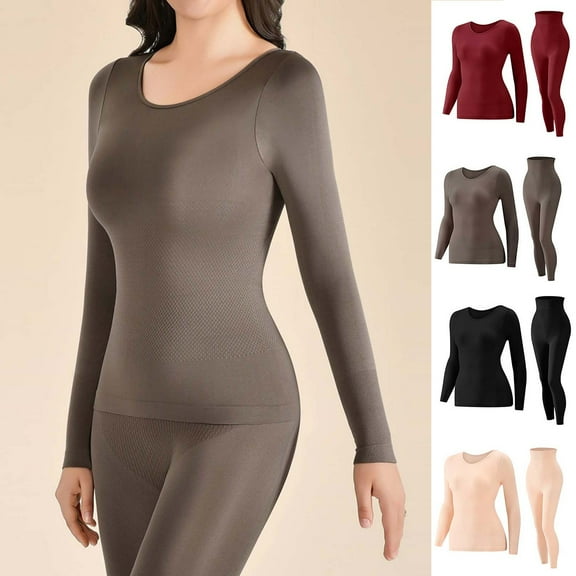 QNANSPI Womens Long Sleeve Pajama Sets, Fall Winter Warm Sleepwear Set, Womens Solid Color Long Sleeve Fleece Lined Thermal Base Layer Outfit With Bra