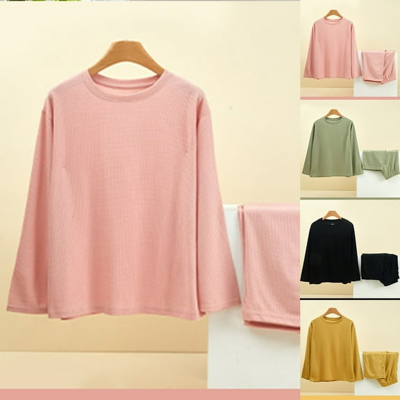 QNANSPI Womens Long Sleeve Pajama Sets, Fall Winter Warm Sleepwear Set, Womens Solid Color Long Sleeve Round Neck Thermal Pajama Sleepwear Outfit