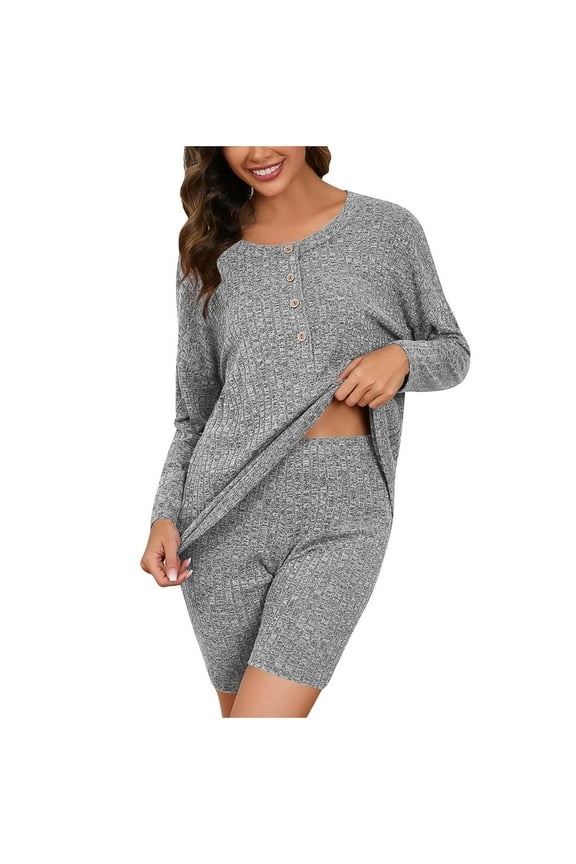 Womens Lounge Set, Long Sleeve Pajamas for Ladies, Women's 2 Piece Solid Color Pajama Set Crew Neck Drop Shoulder Top and Pants with Pockets Soft Stretchy Breathable Casual Home Lounge set