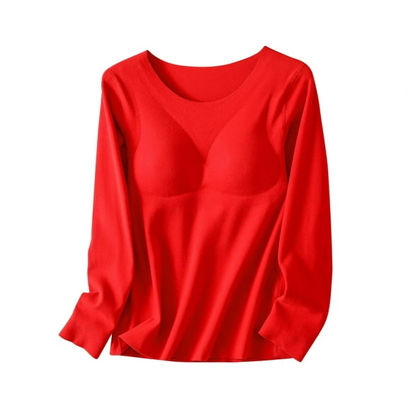 QNANSPI Womens Pajama Tops Long Sleeve, Sleep Tops Long Sleeve for Women, Womens Fall Winter Thermal Top With Removable Padding Round Neck Long Sleeve Pajama