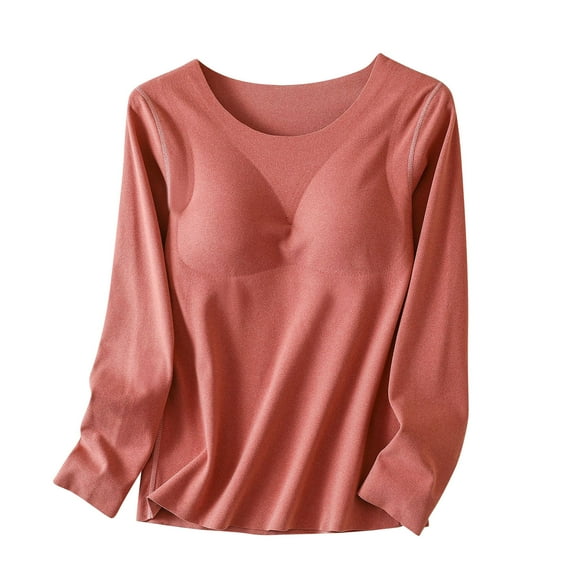 QNANSPI Womens Pajama Tops Long Sleeve, Sleep Tops Long Sleeve for Women, Womens Fall Winter Thermal Top With Removable Padding Round Neck Long Sleeve Pajama