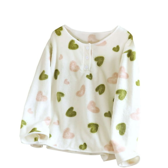 QNANSPI Womens Pajama Tops Long Sleeve, Sleep Tops Long Sleeve for Women, Womens Winter Print Thick Pile Fleece Flannel Button Cardigan Long Sleeve Pajama Top