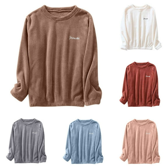 QNANSPI Womens Pajama Tops Long Sleeve, Sleep Tops Long Sleeve for Women, Womens Solid Color Long Sleeve Round Neck Fleece Sleepwear Top