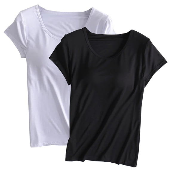 QNANSPI Womens Pajama Tops Short Sleeve, Sleep Tops Short Sleeve for Women, 2 Pack Womens Solid Color Round Neck Built In Bra Short Sleeve Sleep Shirt Set