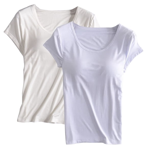 QNANSPI Womens Pajama Tops Short Sleeve, Sleep Tops Short Sleeve for Women, 2 Pack Womens Solid Color Round Neck Built In Bra Short Sleeve Sleep Shirt Set