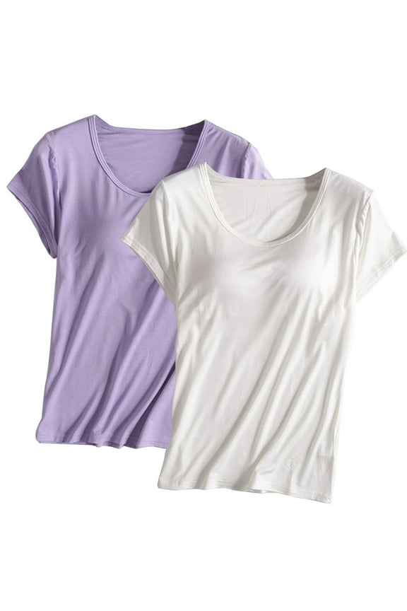 Womens Pajama Tops Short Sleeve, Sleep Tops Short Sleeve for Women, 2 Pack Womens Purple And Cream Built-In Bra Short Sleeve Sleep Tops Set