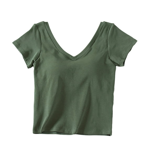 QNANSPI Womens Pajama Tops Short Sleeve, Sleep Tops Short Sleeve for Women, Womens Solid Color V Neck Built In Bra Bralette Short Sleeve Sleep Shirt