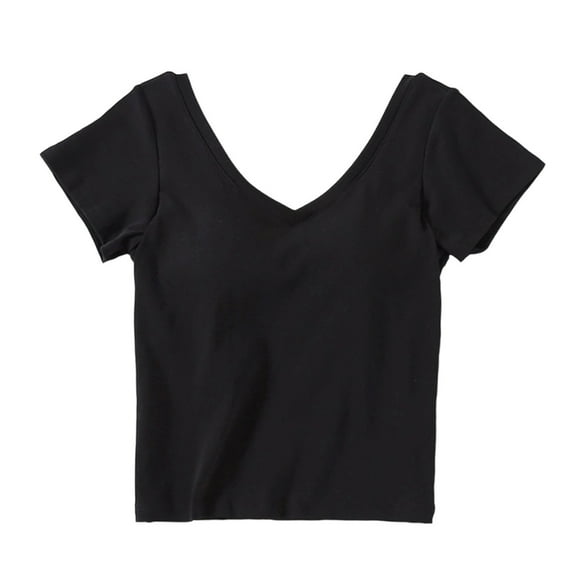 QNANSPI Womens Pajama Tops Short Sleeve, Sleep Tops Short Sleeve for Women, Womens Solid Color V Neck Built In Bra Bralette Short Sleeve Sleep Shirt