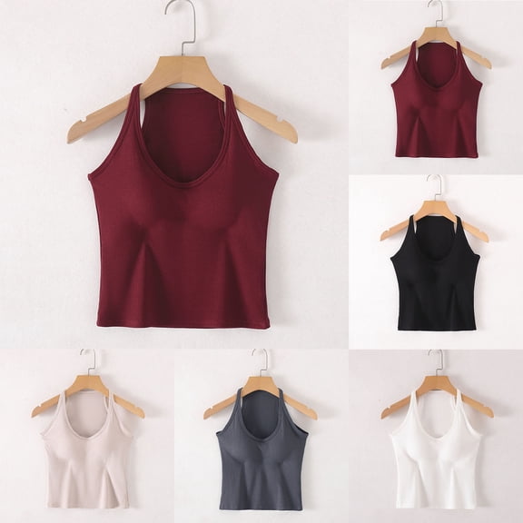 QNANSPI Womens Pajama Tops Sleeveless, Sleep Tops Sleeveless for Women, Womens Fashion Solid Color Built In Bra Camisole Bralette Sleepwear Top