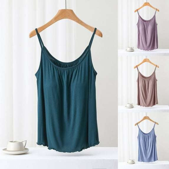 QNANSPI Womens Pajama Tops Sleeveless, Sleep Tops Sleeveless for Women, Womens Summer Solid Color Built-In Bra Sleeveless Strap Sleepwear Cami