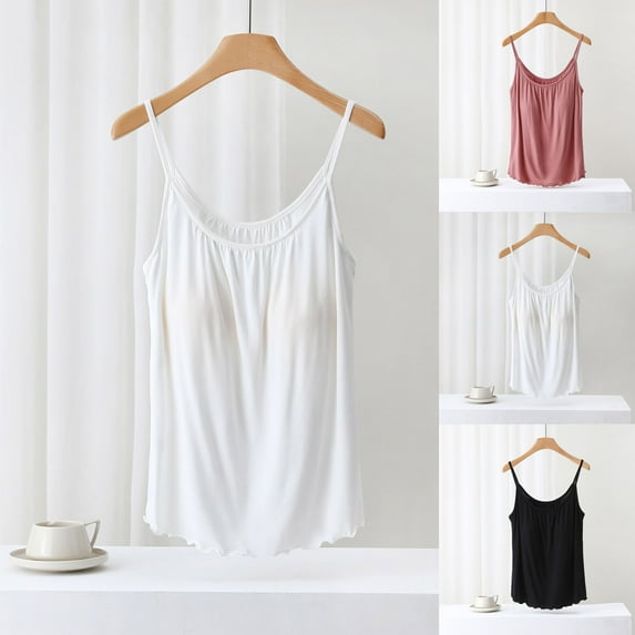 QNANSPI Womens Pajama Tops Sleeveless, Sleep Tops Sleeveless for Women, Womens Summer Solid Color Built-In Bra Sleeveless Strap Sleepwear Cami