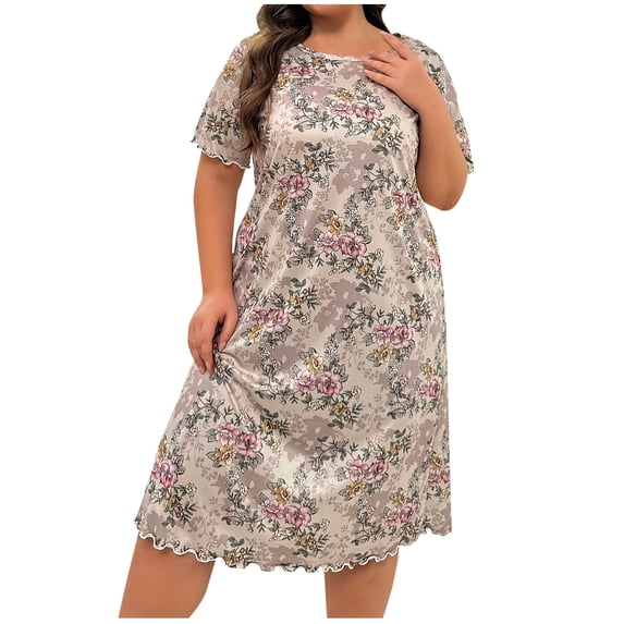 QNANSPI Womens Sleep Dress, Summer Loungewear for Women, Women's Plus Size Print Short Sleeve Nightgown Loose Casual Home Loungewear Ankle Length Sleep Dress