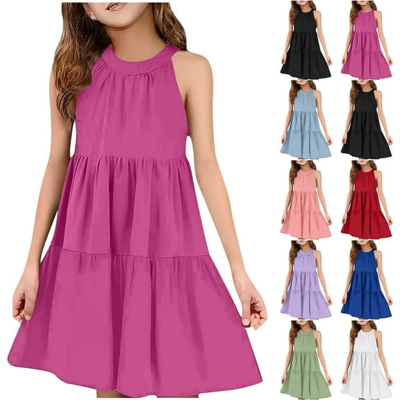 QNANSPI Young Girls Sundress,Girls Boho Dress,Fashion Girls Round Neck Sleeveless Patchwork Dress Playful Comfortable Summer Casual Sundress Dresses