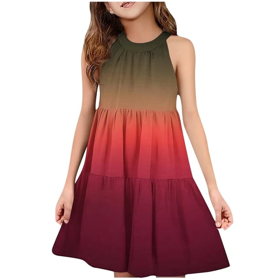 QNANSPI Young Girls Sundress,Girls Boho Dress,Fashion Girls Round Neck Sleeveless Patchwork Dress Playful Comfortable Summer Casual Sundress Dresses