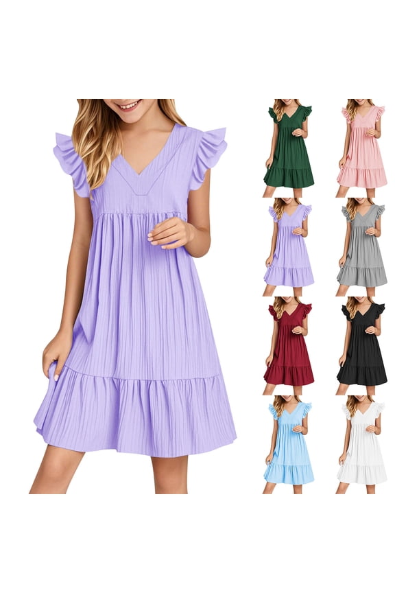 Young Girls Sundress,Girls Ruffle Dress,Summer Dresses Cute Double Layer Ruffle Sleeve Smocked Flowy Dress