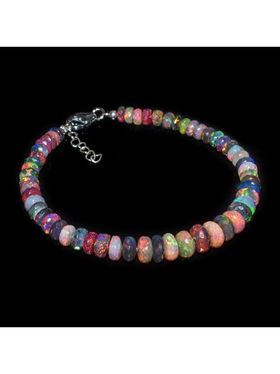 100% Natural Ethiopian Opal Beads Stones Bangle Bracelet for Women, Healing Chakra Crystals, Birthstone Jewelry, Rhodium Plating 925 Sterling Silver 8 inch, Wedding Gift for her (Multi-opal)