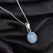 QNAVIC Natural Ultra Fire Ethiopian Opal Gemstone Oval Bezel Dainty Pendant Necklace, Handmade Jewelry, Healing Chakra Crystals, Birthstone, Gift for Women, 925 Sterling Silver Chain 20