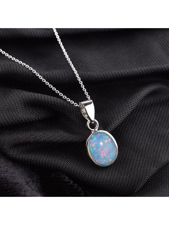 Ethiopian Fire Opal Gemstone Necklace for Women, 925 Sterling Silver, Smooth Cabochon Oval-shape Multi Stone, 2 to 3 Carats, Size Approx 11x9mm to 13x10mm, Handmade Healing Crystal Pendant