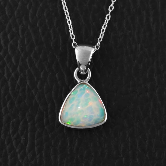 QNAVIC Natural Ultra Fire Ethiopian Welo Opal Gemstone Trillion Bezel Dainty Pendant Necklace, Handmade Jewelry, Healing Chakra Crystals, Birthstone, Gift for Women, 925 Sterling Silver Chain 20"