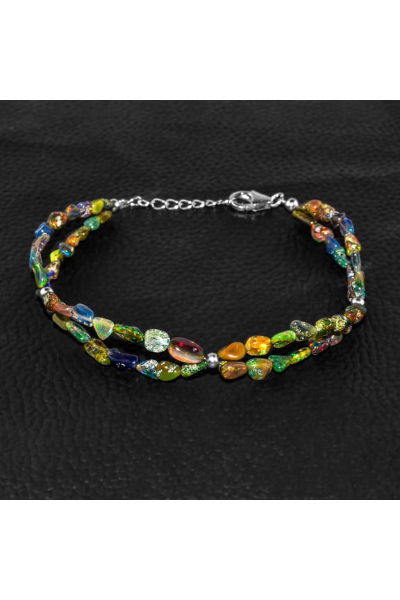 AA Black Fire Opal Stone Double Layer Nuggets Beads with Silver Ball Handmade Bangle Bracelet for Women, Birthstone Healing Chakra Crystal, Rhodium Plated 925 Sterling Silver Chain 8"