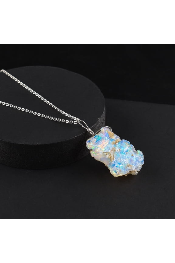 AA Multi Fire Raw Ethiopian Opal Crystal Dainty Pendant Necklace For Women, Handmade Birthstone Jewelry, Rhodium Plated 925 Sterling Silver Chain 18 inch, Gift for Her