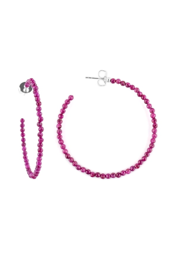 AA Pink Ruby Crystal Stone Beads Dainty Big Hoop Dangle Earrings for Women, Birthstone Handmade Wedding Jewelry Gift for Her Mom, Silver Plated Hoop Earrings