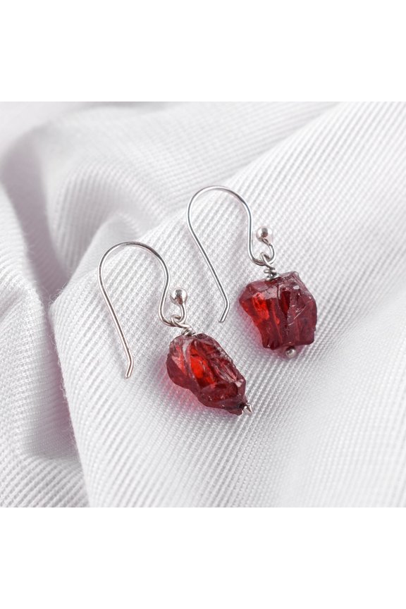 AA Raw Garnet Rough Crystal Stone Dangle Earrings for Women, Birthstone Handmade Jewelry Gift for Brides, 925 Sterling Silver Earrings