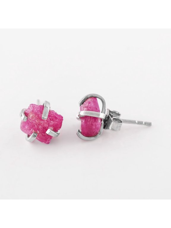 AA Raw Pink Ruby Rough Crystal Stone Stud Earrings for Women, Birthstone Handmade Wedding Jewelry Gift for Brides, 925 Sterling Silver Stud Earrings