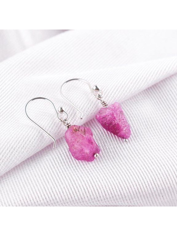 AA Raw Ruby Rough Crystal Dainty Dangle Earrings for Women, Birthstone Handmade Jewelry, Christmas Birthday Gift for Her Mom, 925 Sterling Silver Earrings