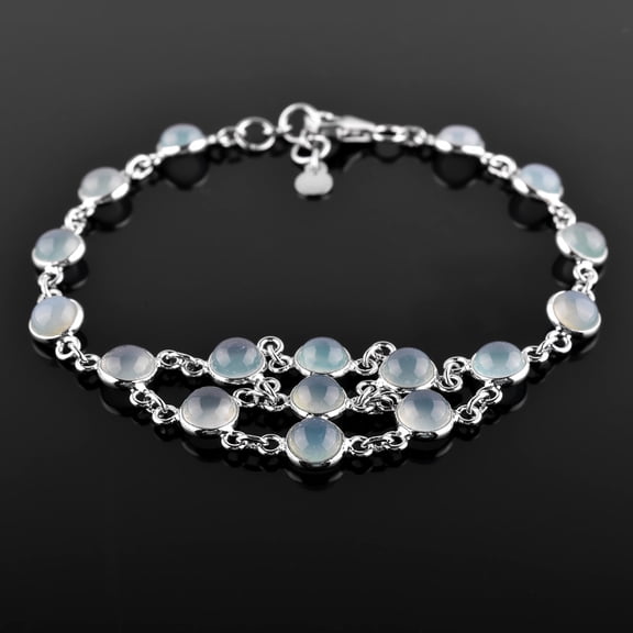 QNAVIC Aqua Chalcedony Cabochon Bezel Charm Bracelet For Women, Healing Chakra Crystal, October Birthstone, Rhodium Plated 925 Sterling Silver Handmade Dainty Bracelet, Gifts for Her