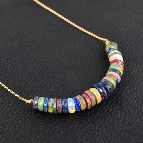 QNAVIC Black Opal Faceted Wheels Beads Dainty Bar Necklace for Women, Natural Gemstone Healing Chakra Crystals, 14k Gold Plated Sterling Silver Chain 18 inch, Premium Jewelry Gift