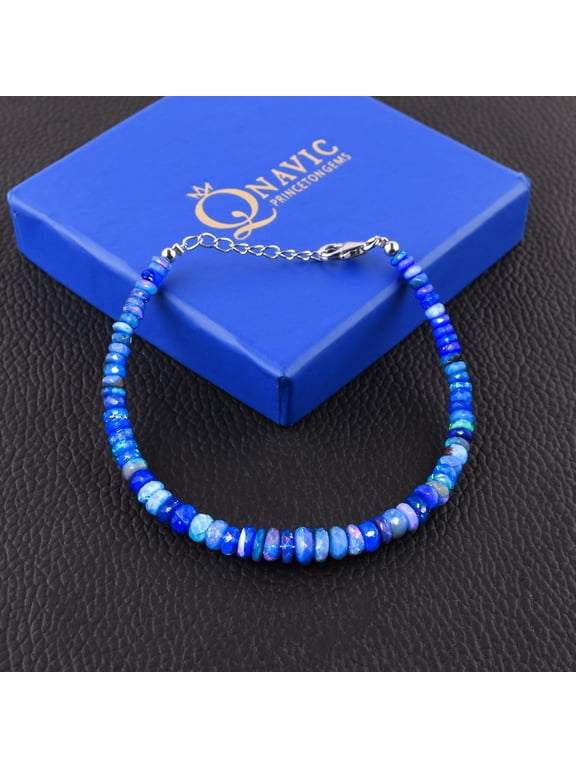 Blue Ethiopian Fire Opal Gemstone Beads Choker Bangle Bracelet for Women, Handmade Jewelry, Chakra Healing Crystals, Birthstone, Rhodium Plated 925 Sterling Silver Chain 8" Anniversary Gift