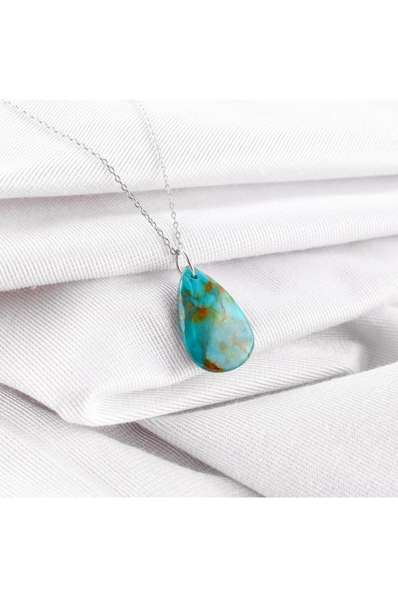 Blue Turquoise Crystal Stone Elongated Pear Dainty Handmade Pendant Necklace For Women, Chakra Healing Stones, Birthstone Jewelry, Rhodium Plated 925 Sterling Silver Chain 18 inch