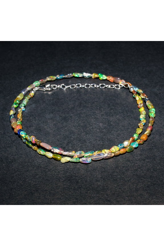 Genuine Black Ethiopian Fire Opal Stone Beads Handmade Choker Necklace For Women, Birthstone Healing Crystal Jewelry, Rhodium Plating Sterling Silver Chain 18 Inch, Engagement Gifts