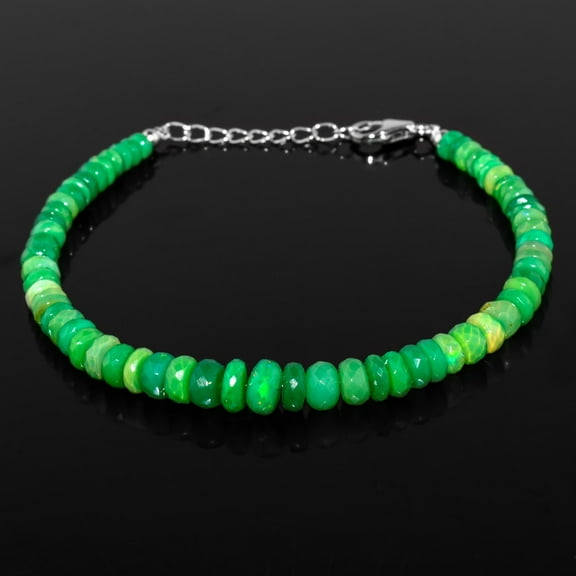 QNAVIC Green Ethiopian Fire Opal Gemstone Beads Dainty Bangle Bracelet for Women, Handmade Jewelry, Chakra Healing Crystals, Birthstone, Rhodium Plated 925 Sterling Silver Chain 8" Birthday Gift