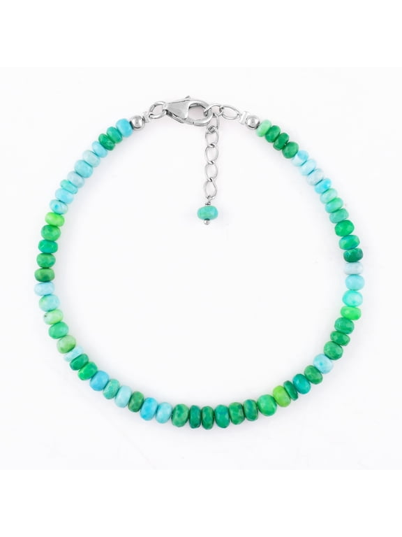 Green Ethiopian Opal Stone Full Beads Handmade Bracelet For Women, Healing Chakra Crystal, October Birthstone, Rhodium Plated 925 Sterling Silver Choker Bangle Bracelet, Gifts for Her