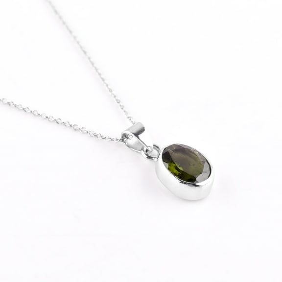 QNAVIC Green Moldavite Brilliant Oval Stone Handmade Bezel Dainty Pendant Necklace for Women, Healing Chakra Crystal, Rhodium Plated 925 Sterling Silver Chain Necklace, Christmas Gift