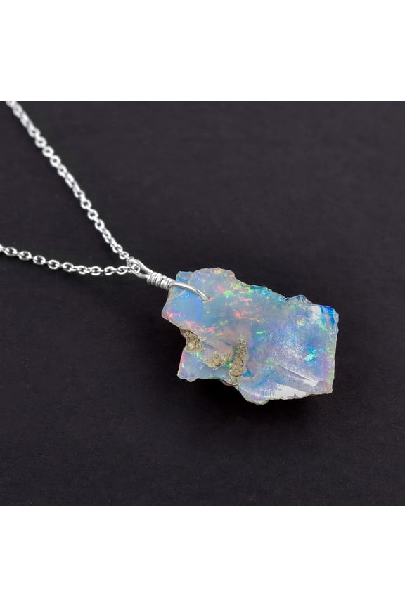 Multi Fire Raw Ethiopian Opal Stone Handmade Dainty Pendant Necklace For Women, Healing Chakra, Birthstone Jewelry, Rhodium Plated 925 Sterling Silver Chain 18 inch, Gift for Her